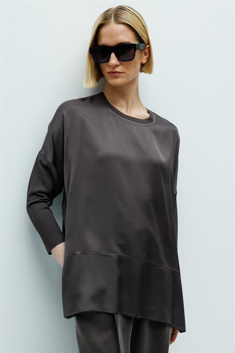 0 Yaka Kolu Triko Oversize Bluz