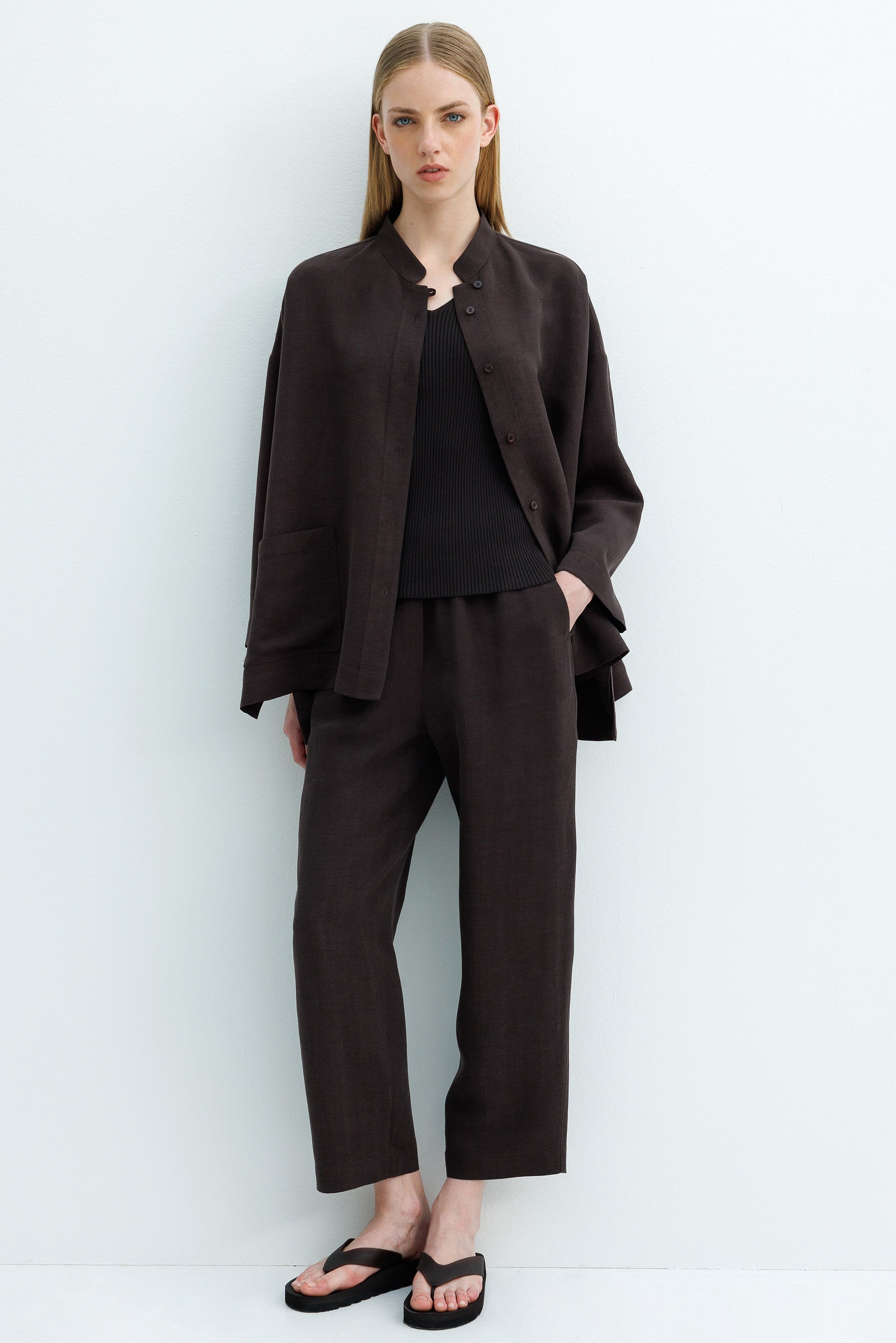 Dik Yaka Oversize Keten Ceket