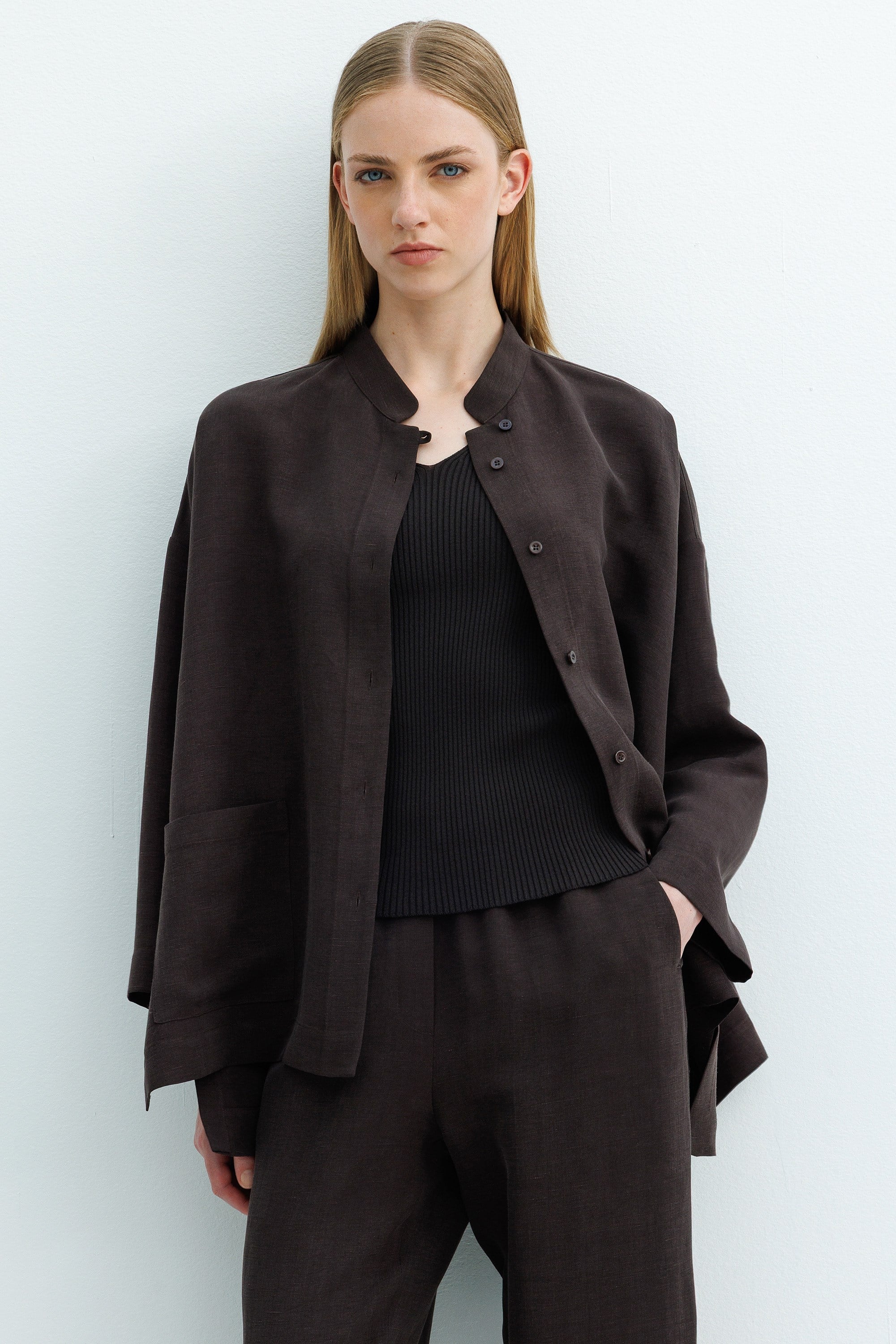 Dik Yaka Oversize Keten Ceket