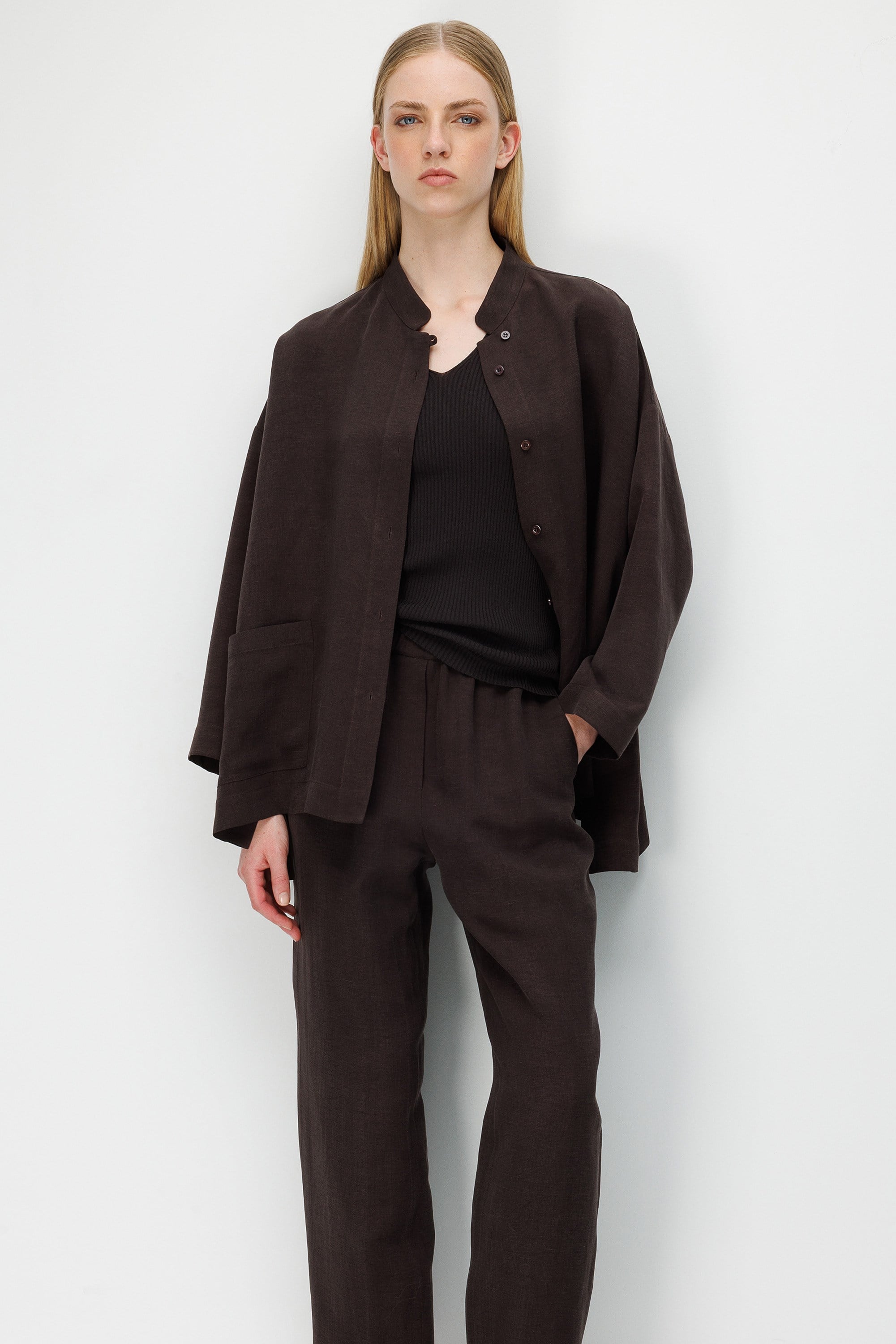 Dik Yaka Oversize Keten Ceket