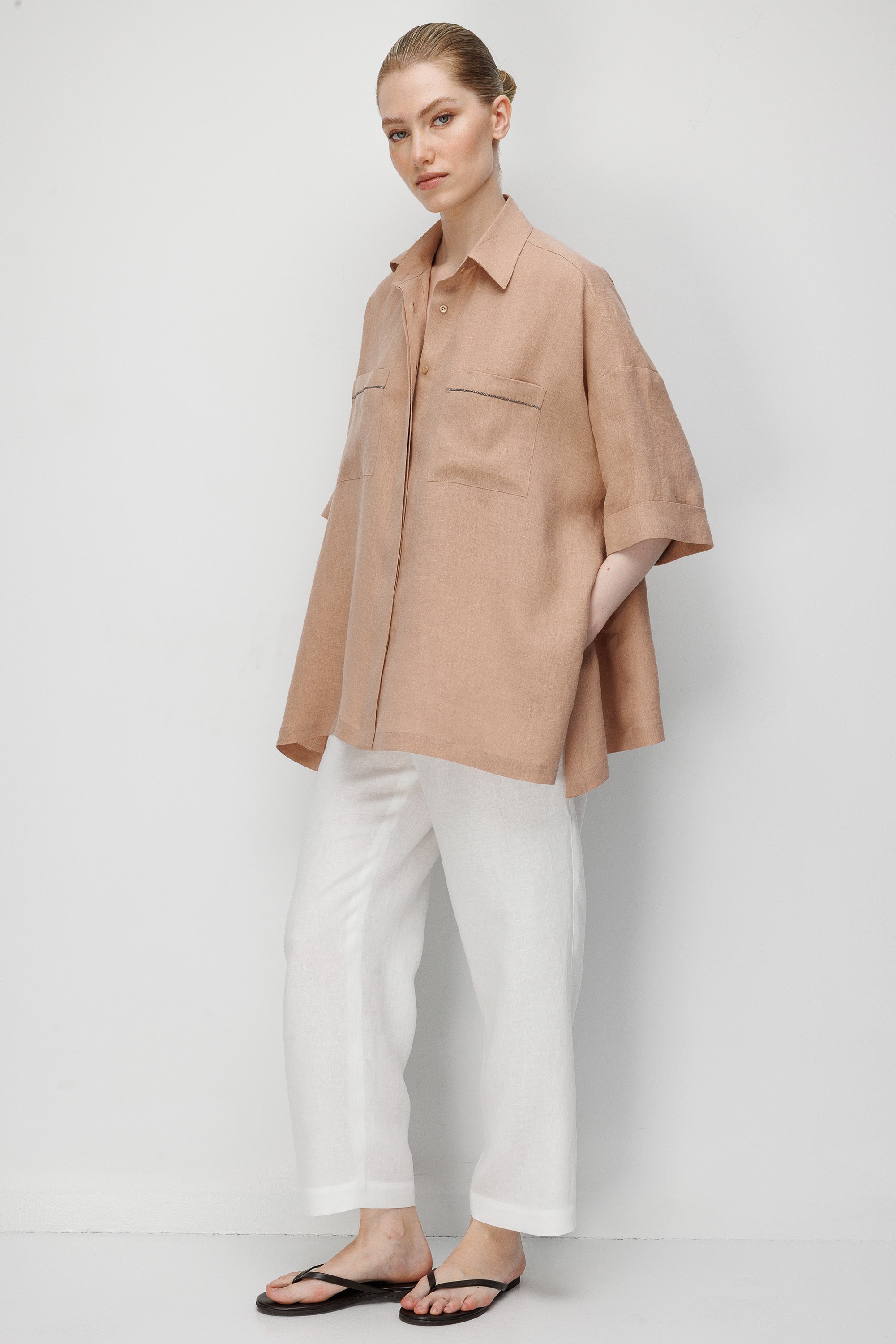 Düşük Kol Oversize Keten Bluz
