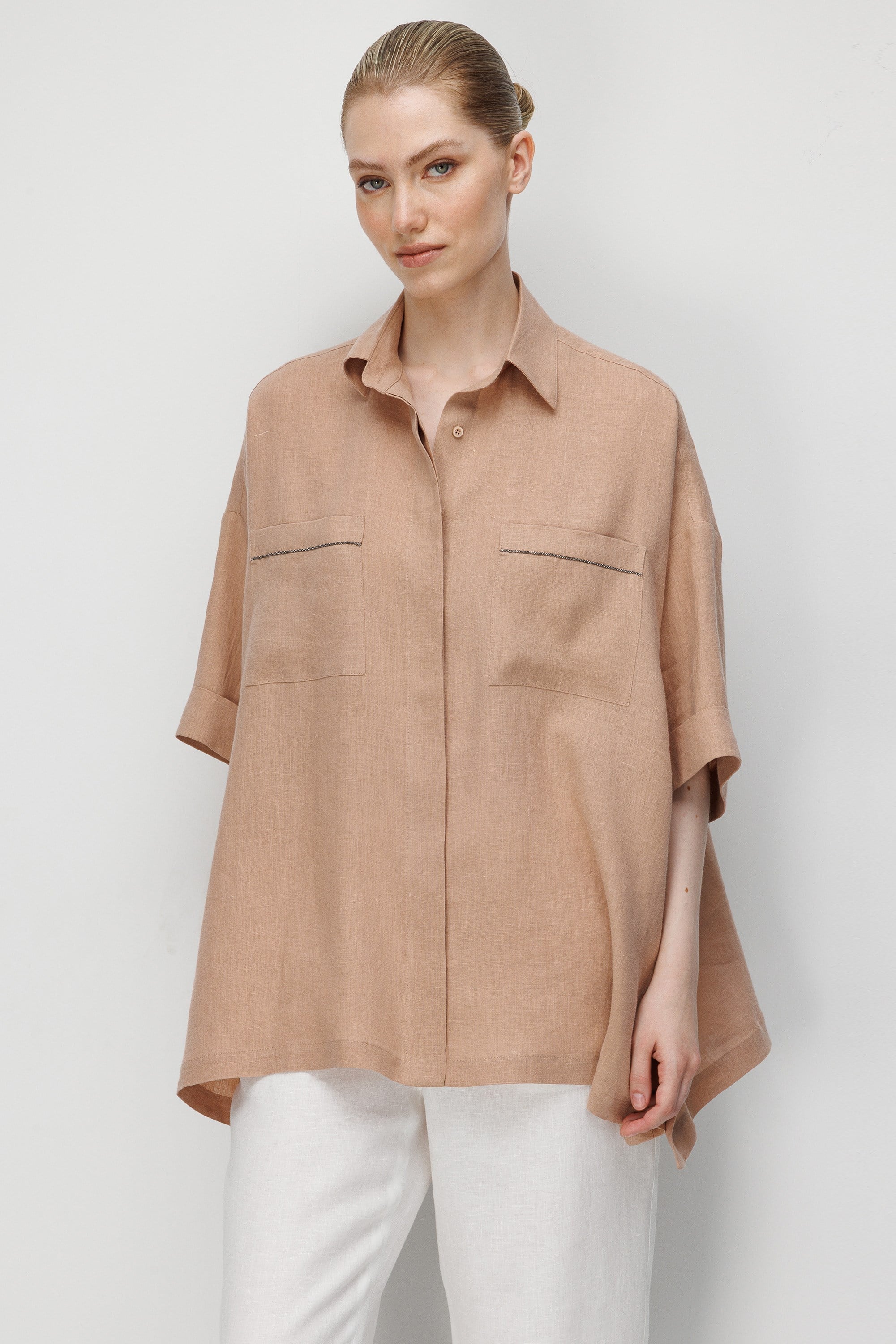 Düşük Kol Oversize Keten Bluz