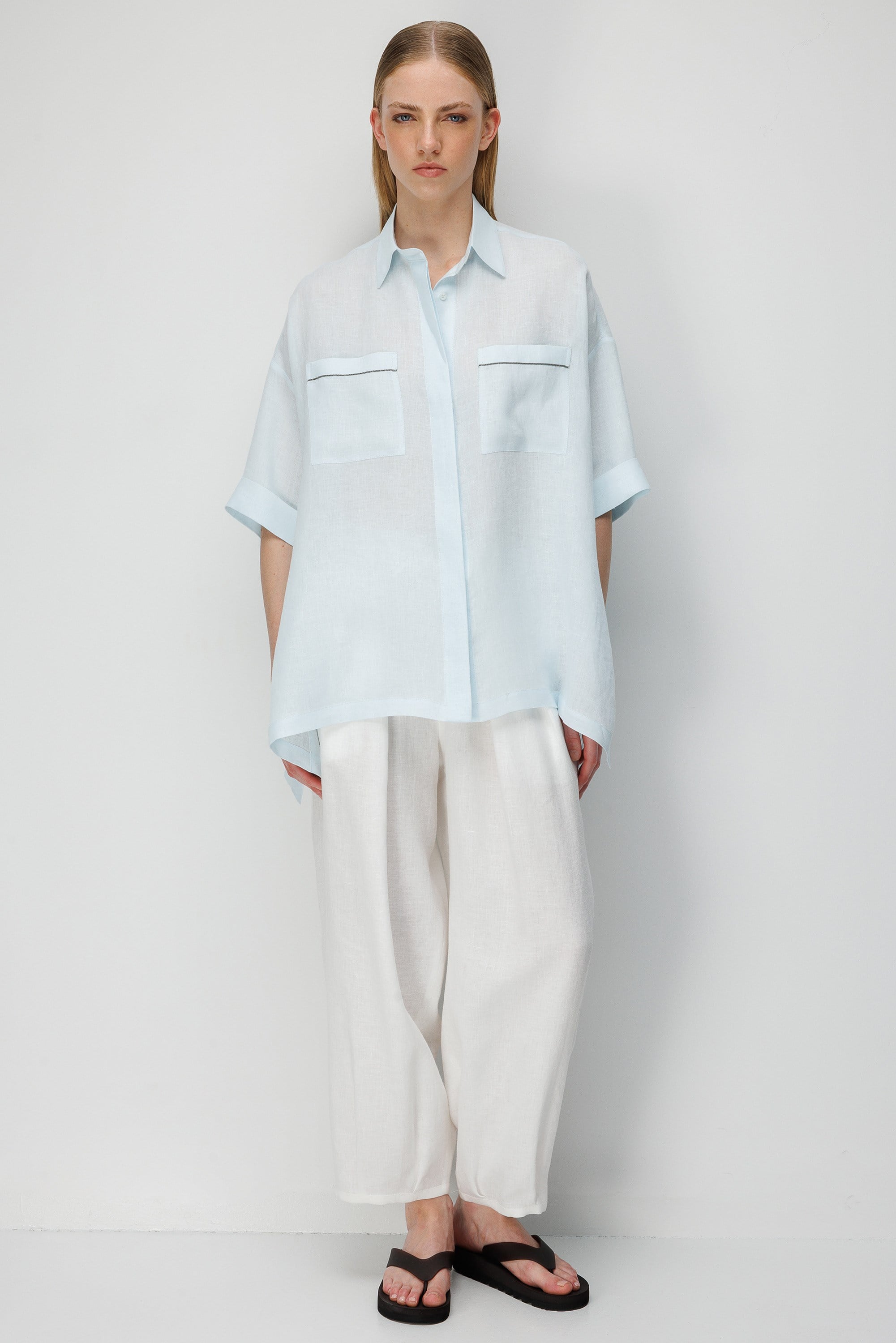 Düşük Kol Oversize Keten Bluz