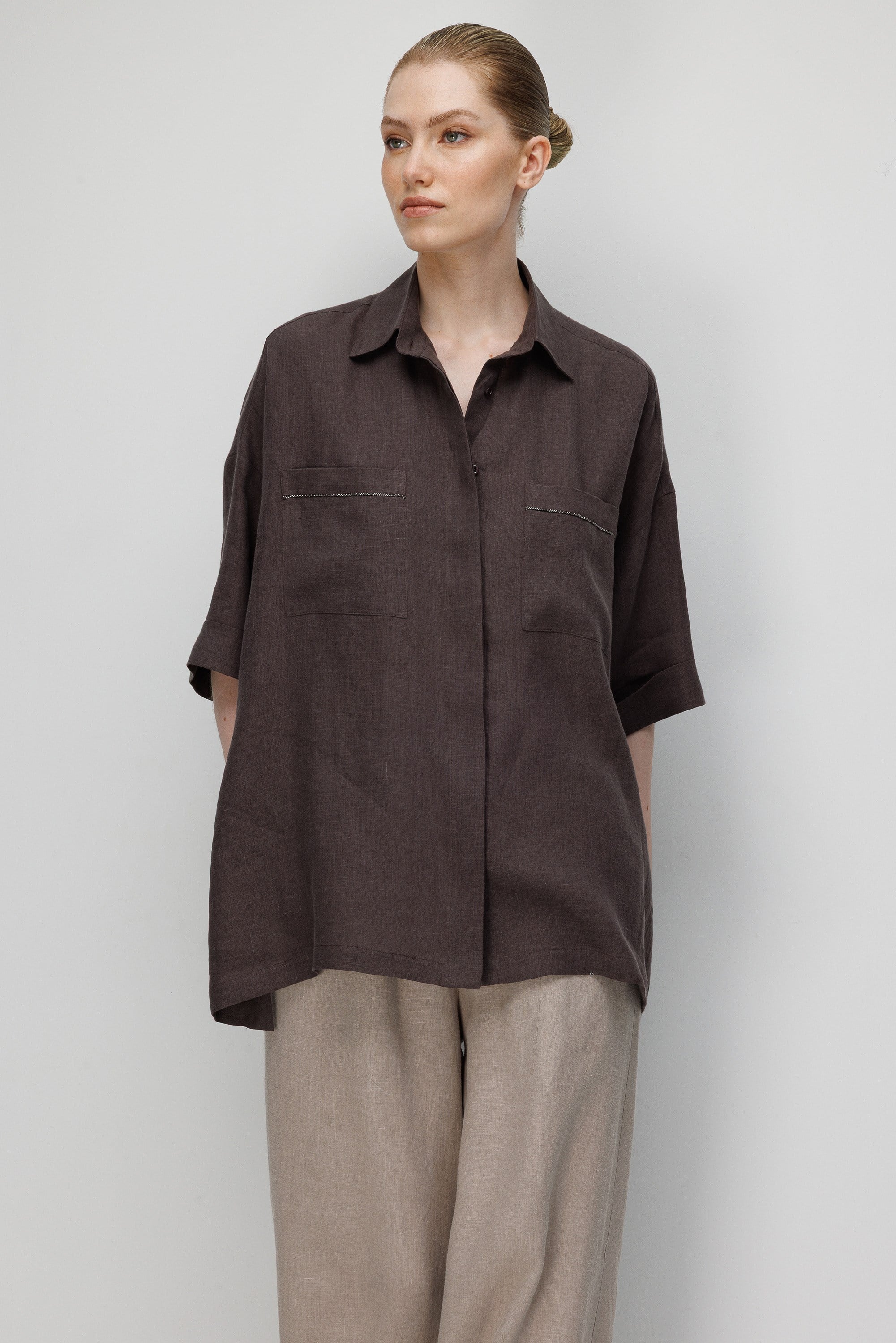 Düşük Kol Oversize Keten Bluz