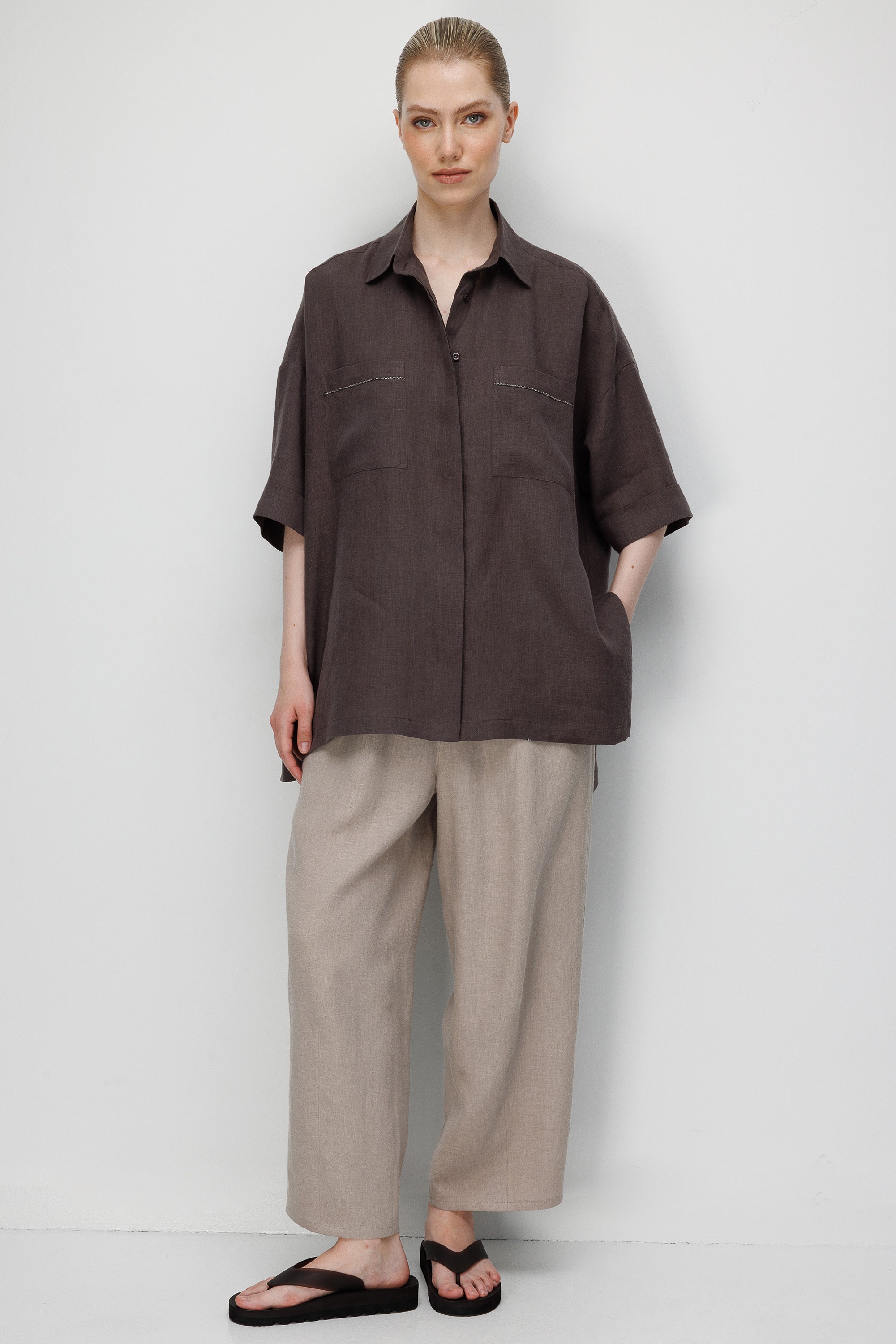 Düşük Kol Oversize Keten Bluz