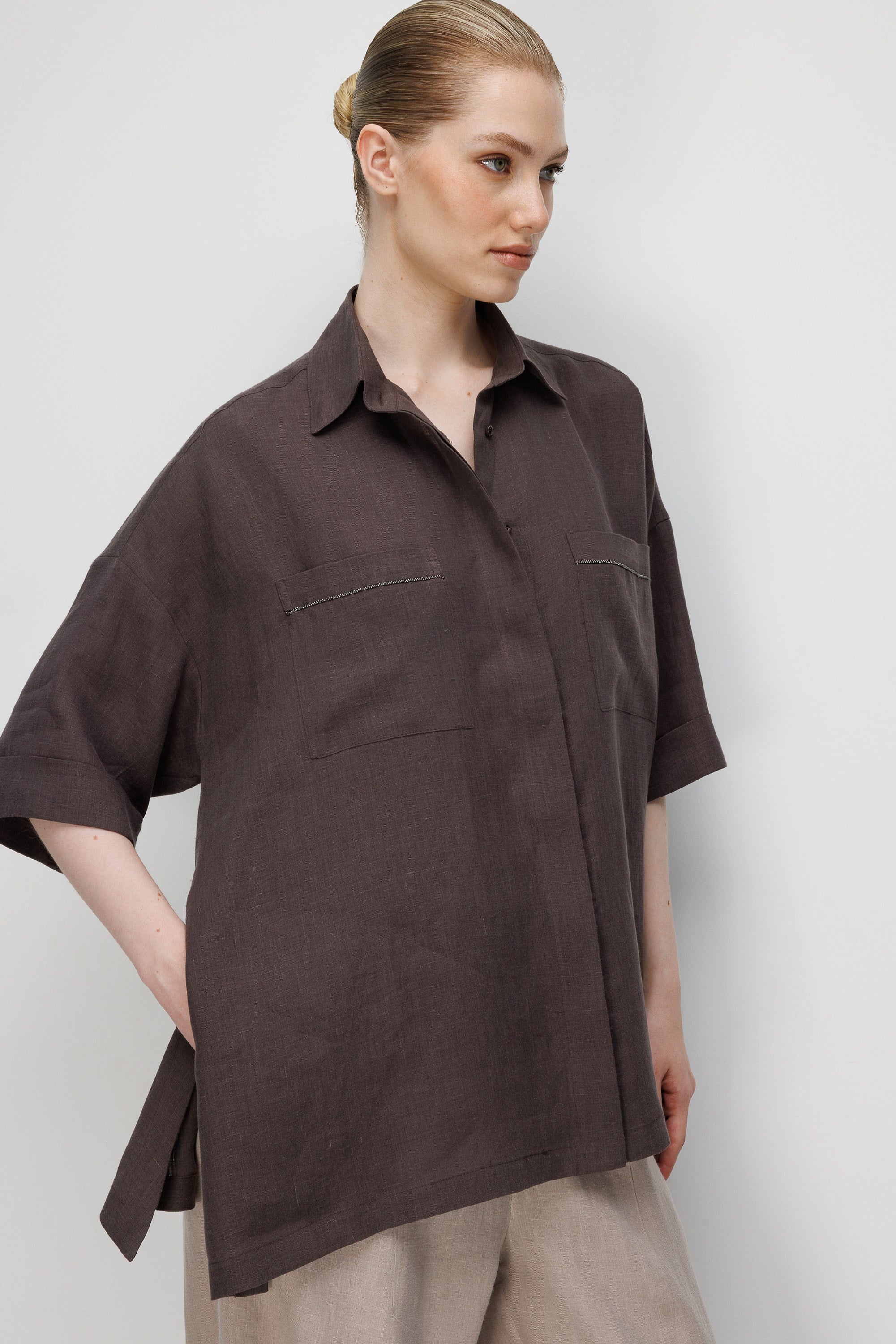 Düşük Kol Oversize Keten Bluz