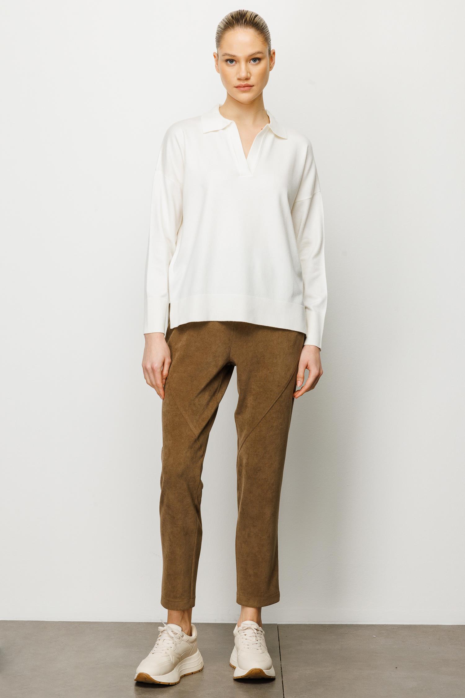 Elastan Kemerli Pargalı Kadife Pantolon