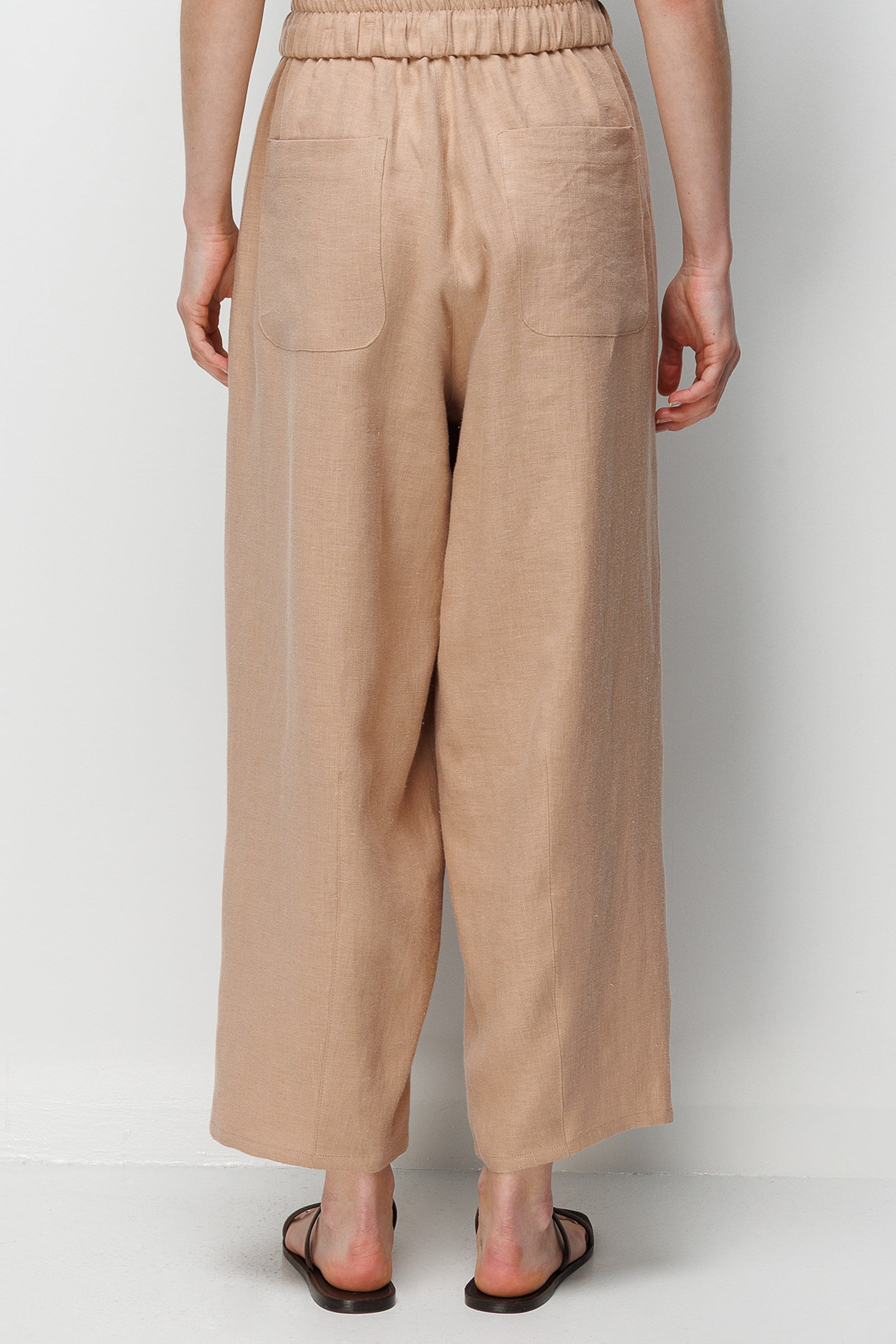 Elastan Kemerli Pensli Keten Pantolon