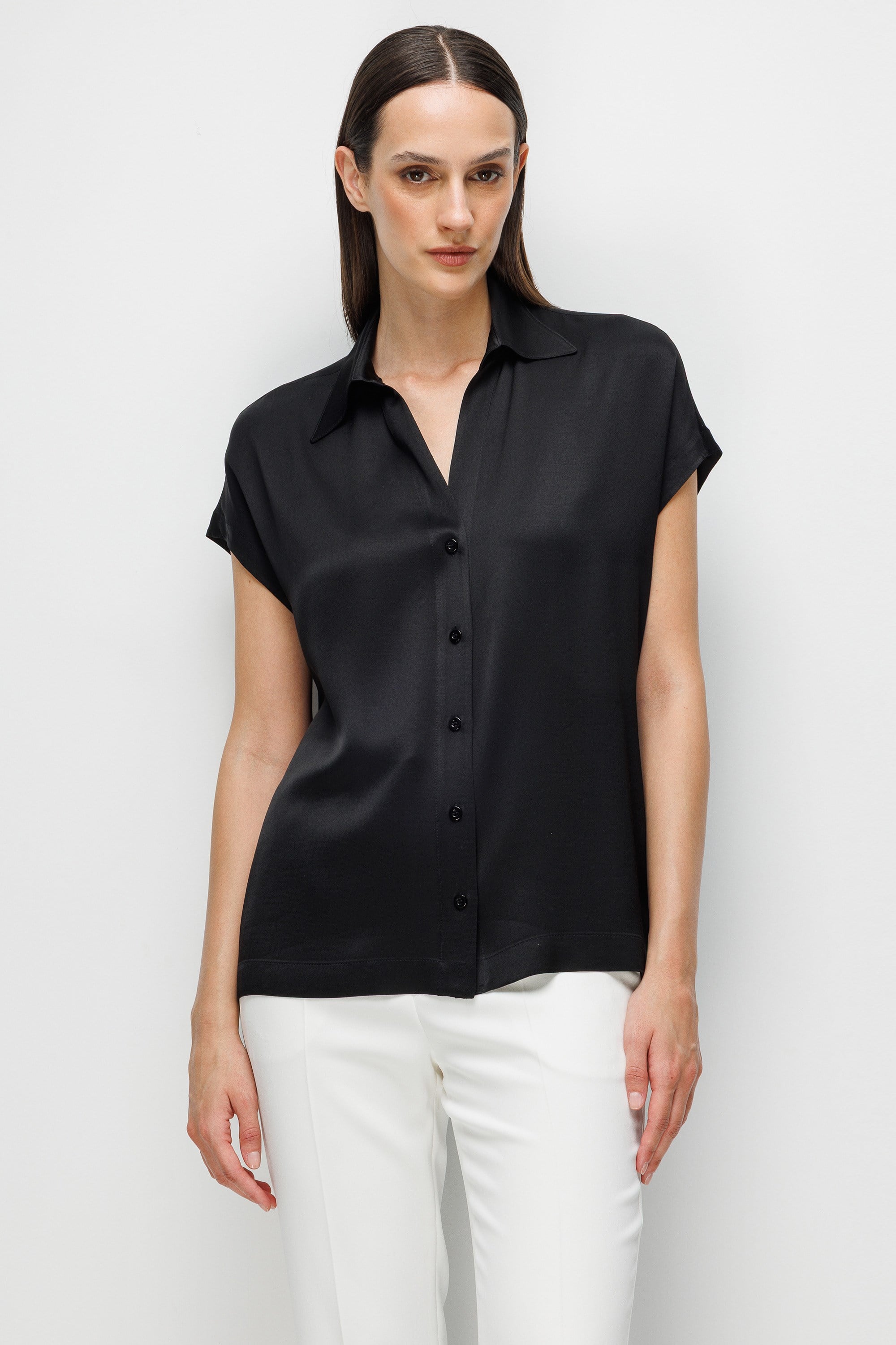 Gömlek Yaka Düşük Kol Bluz