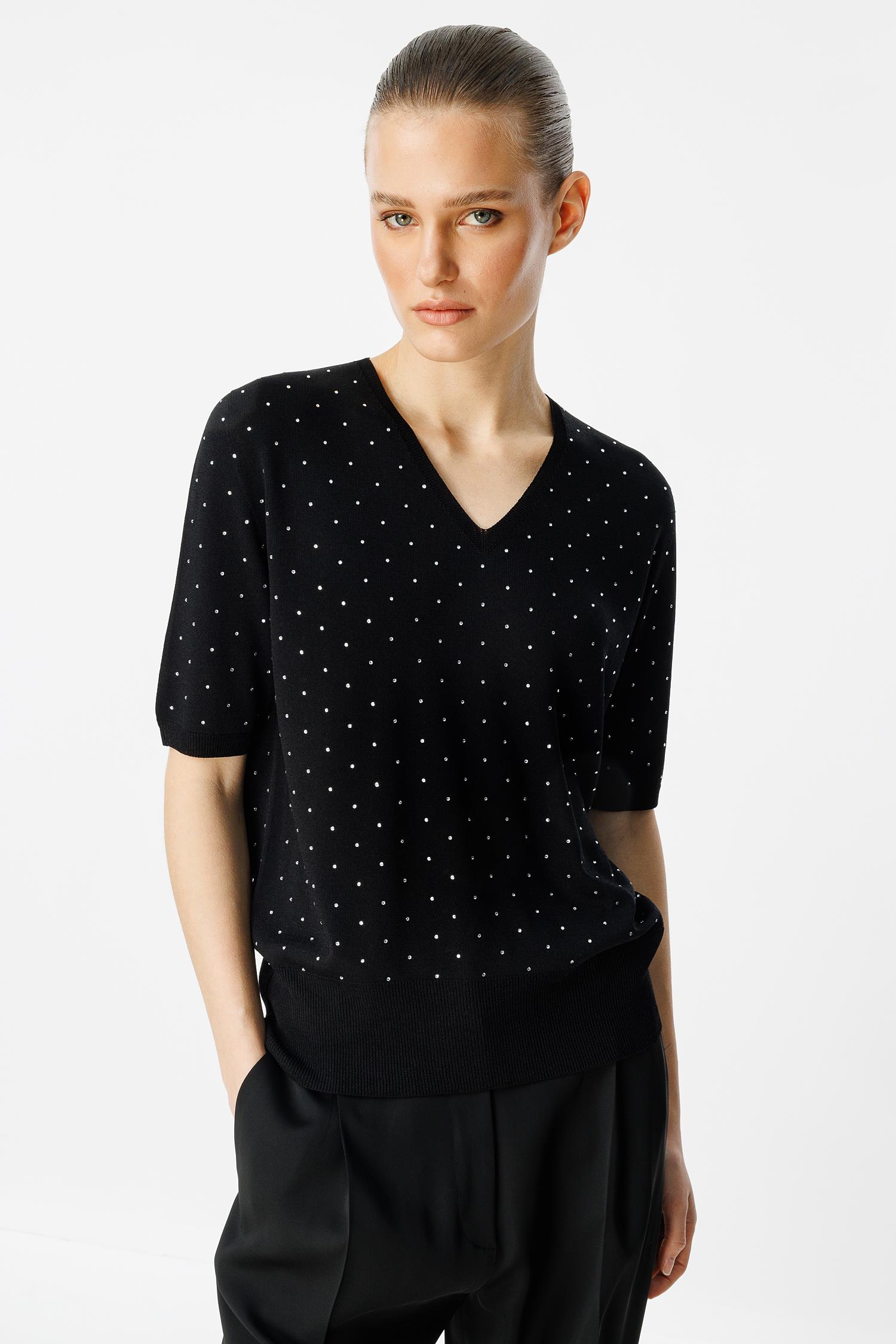 Strass Taslı V Yaka Triko