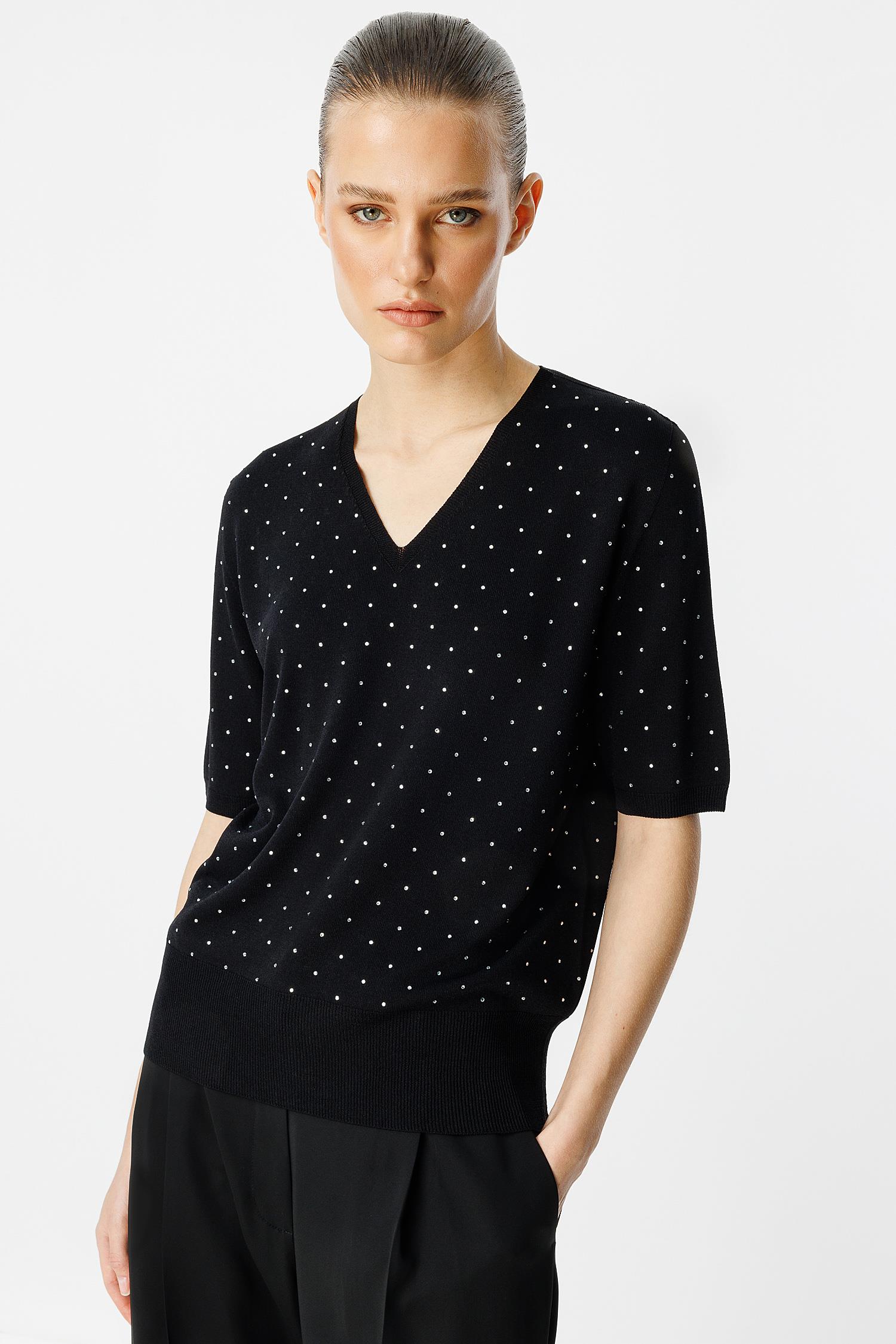 Strass Taslı V Yaka Triko