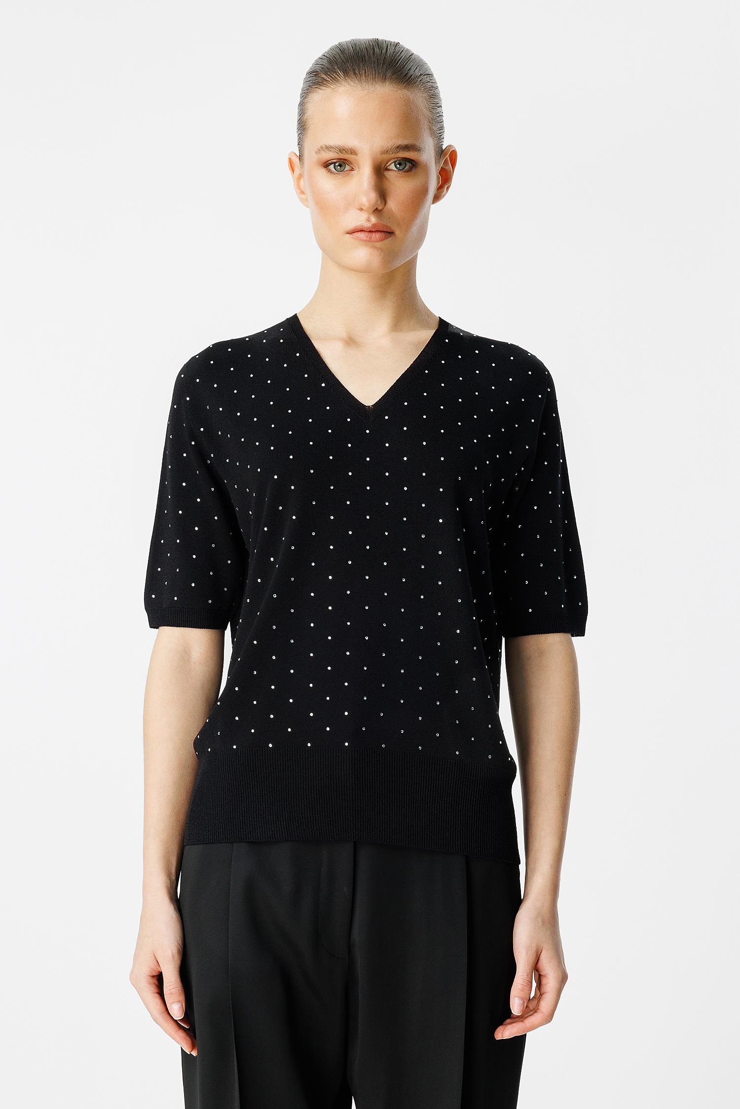 Strass Taslı V Yaka Triko