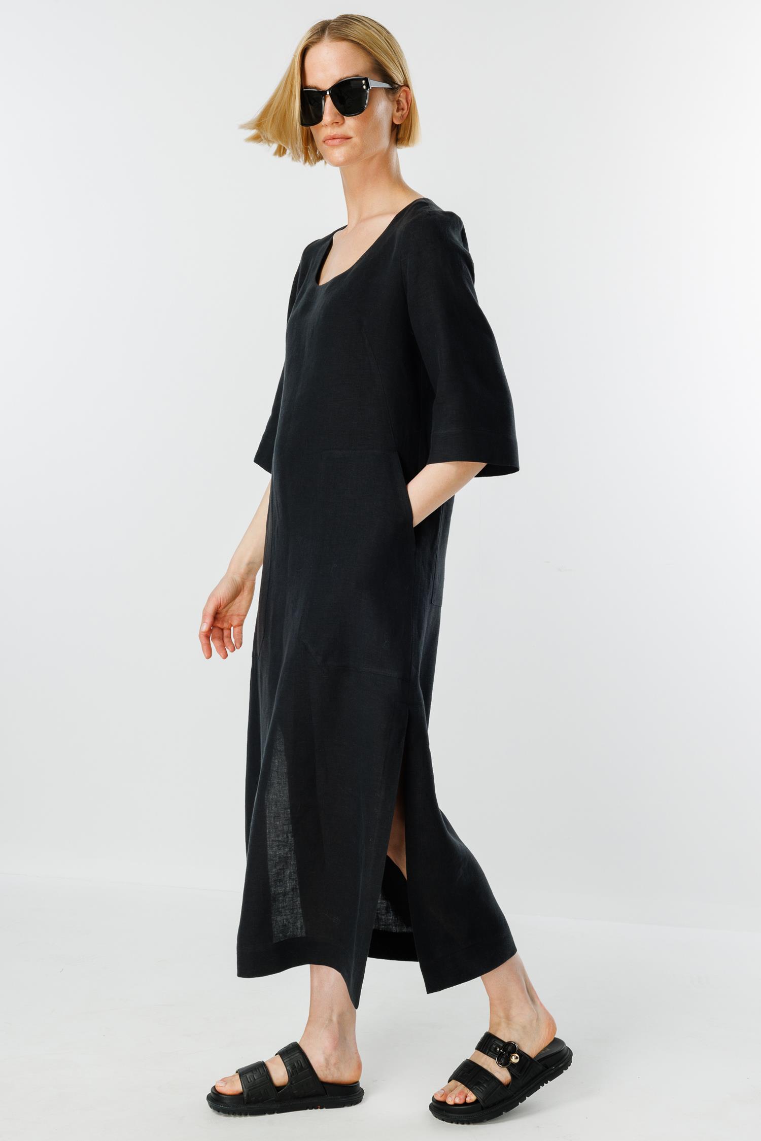 U Yaka Cepli Keten Elbise