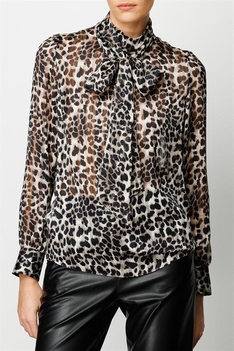 Fularlı Leopar Desen Bluz