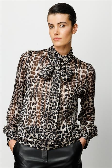 Fularlı Leopar Desen Bluz