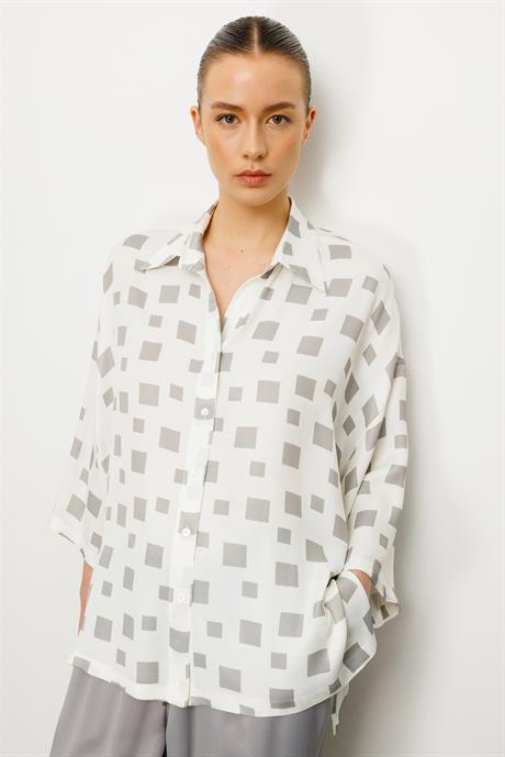 Oversize Düşük Kol Kareli Bluz