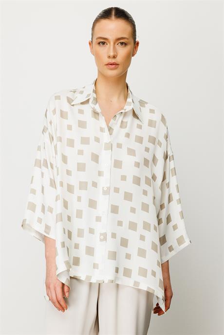 Oversize Düşük Kol Kareli Bluz