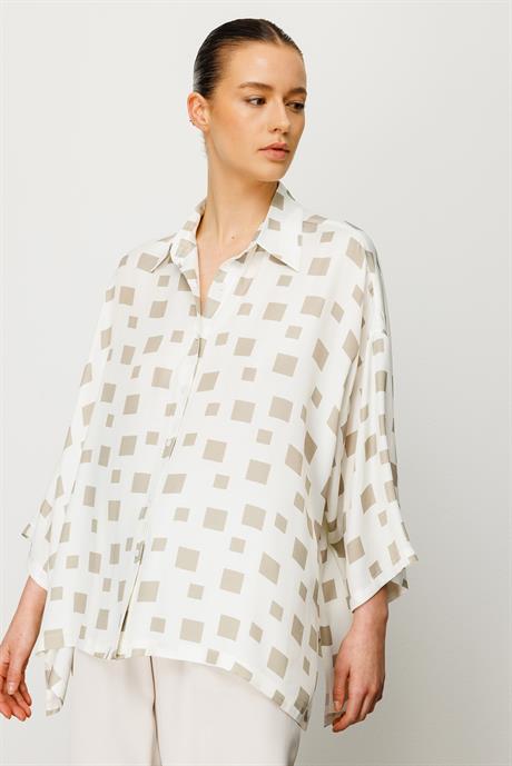 Oversize Düşük Kol Kareli Bluz