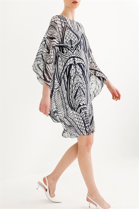 Sıfır Yaka Kimono Kol Emprime Elbise