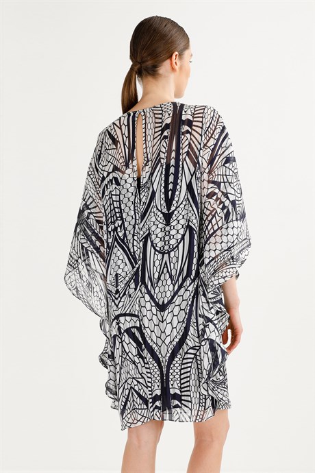 Sıfır Yaka Kimono Kol Emprime Elbise