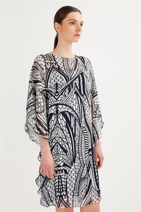 Sıfır Yaka Kimono Kol Emprime Elbise