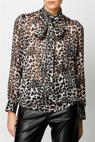 Fularlı Leopar Desen Bluz