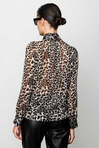 Fularlı Leopar Desen Bluz
