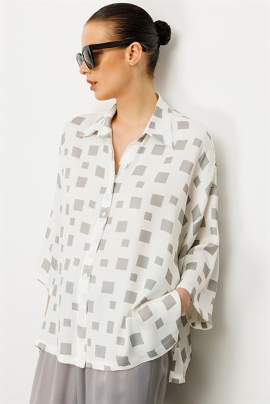 Oversize Düşük Kol Kareli Bluz