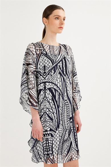 Sıfır Yaka Kimono Kol Emprime Elbise