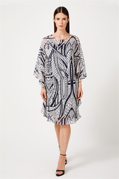Sıfır Yaka Kimono Kol Emprime Elbise