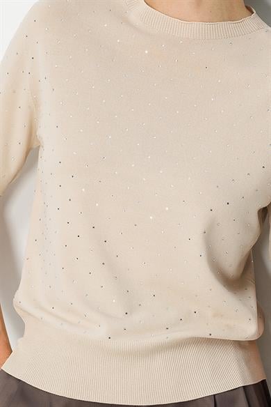 Strass Taslı 0 Yaka Yarım Kol Triko