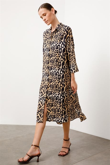 Yandan Yırtmaçlı Leopar Elbise