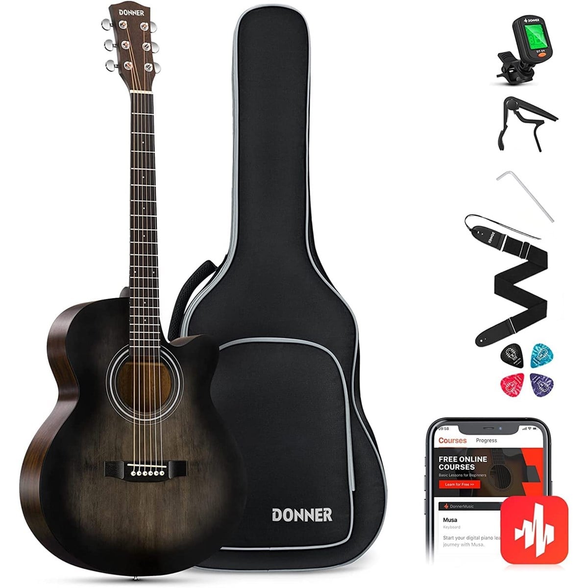 Donner EC2077 Mini Jumbo Cutaway Akustik Gitar Paketi