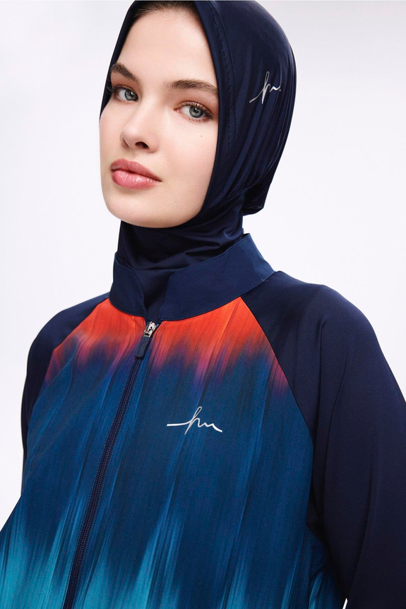 Haşema HSM- 5019 FREZYA LACİVERT DESENLİ TAM TESETTÜR MAYO TAKIMI