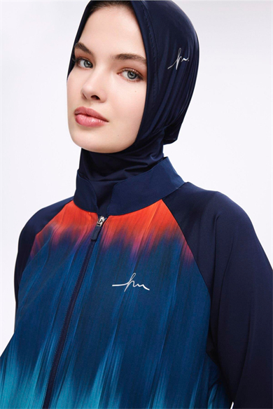 Haşema HSM- 5019 FREZYA LACİVERT DESENLİ TAM TESETTÜR MAYO TAKIMI
