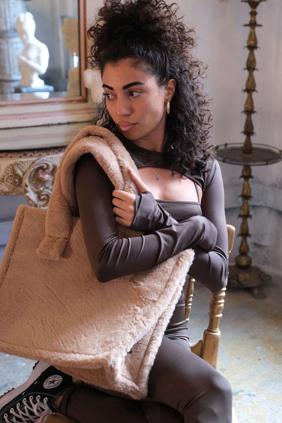 Camel Renk Suni Kürk Kadın Alışveriş Çantası