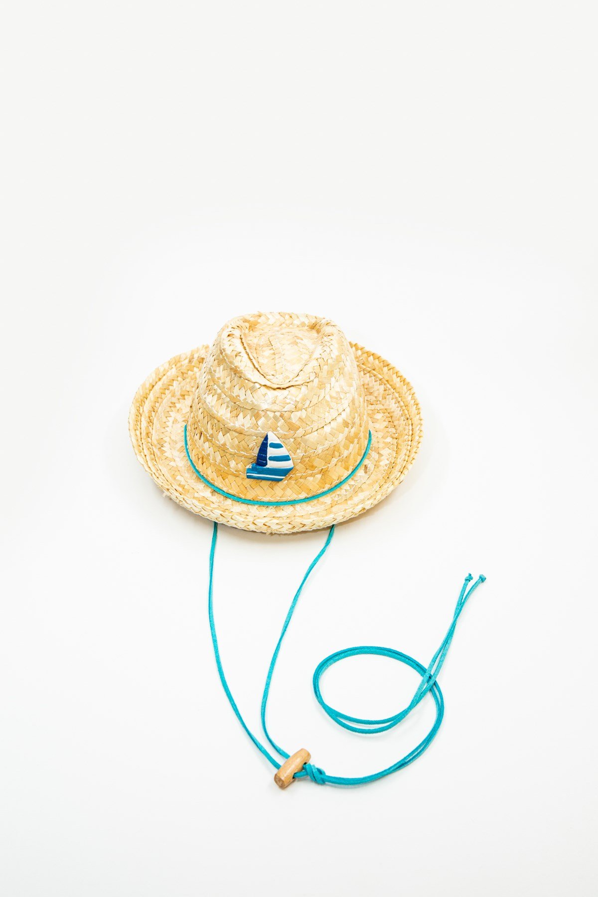 Erkek Çocukları İçin Turkuaz Detaylı Mini Hasır Şapka