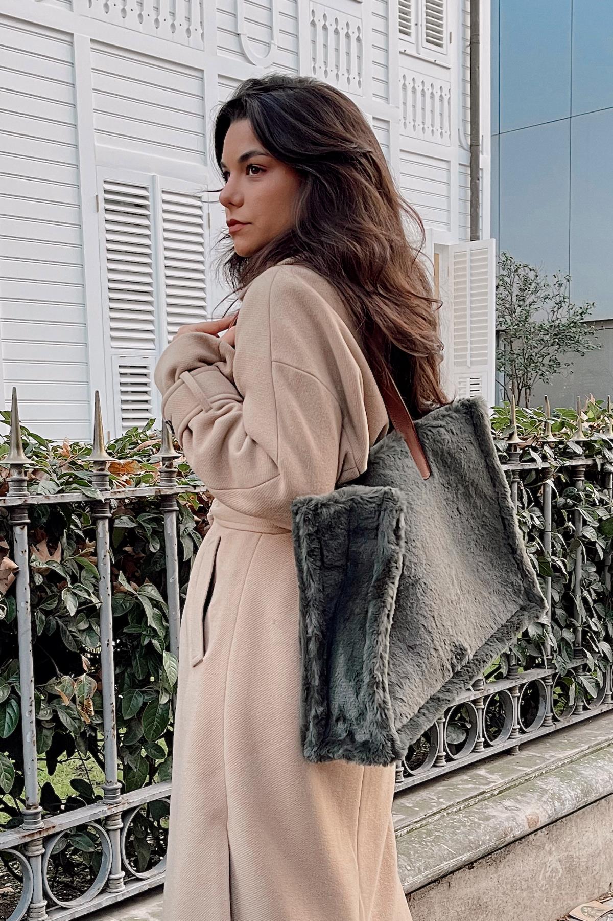 Haki Renk Suni Kürk Kadın Alışveriş Çantası