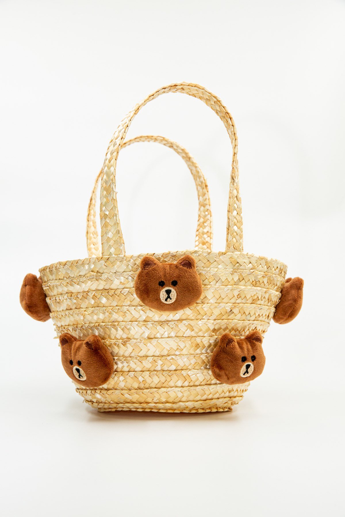 Kız Çocukları İçin Ayıcık Detaylı Mini Hasır Kol Çantası