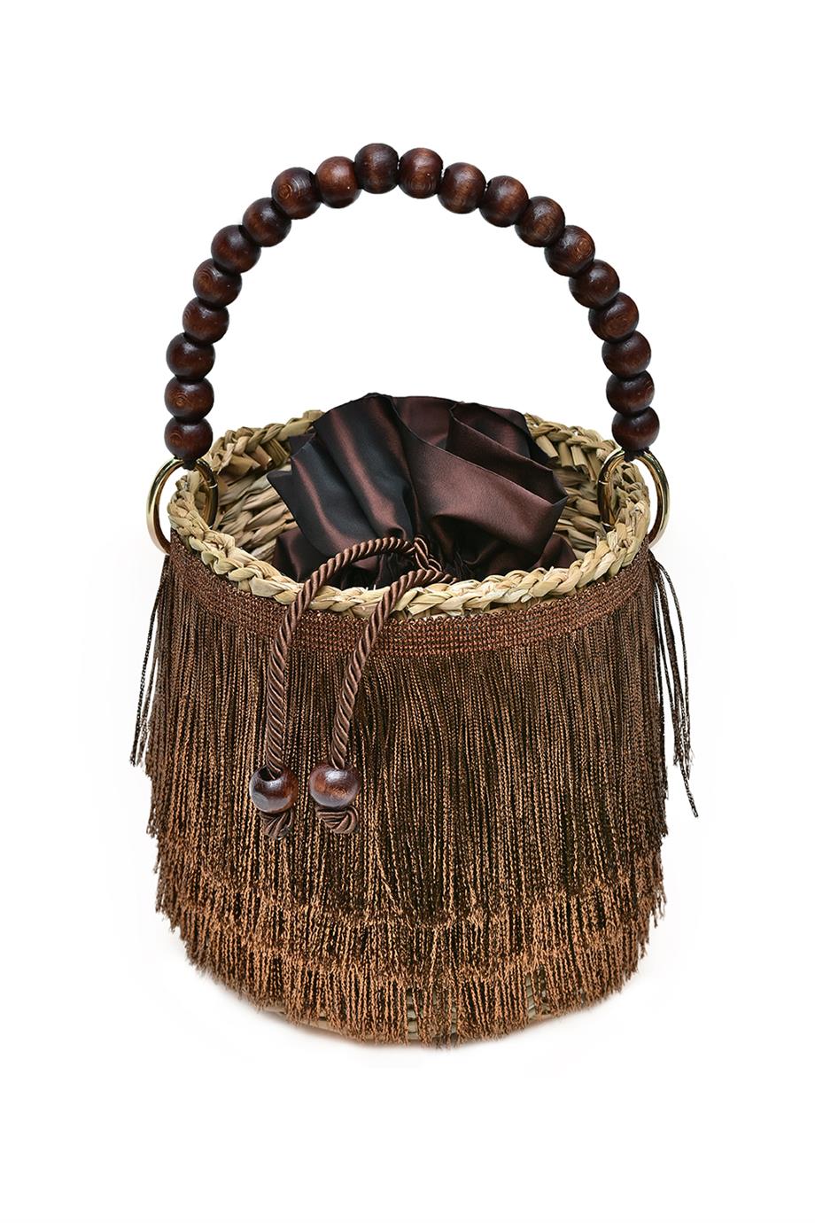 Bakır Rengi Püsküllü Hasır Kadın Çantası 