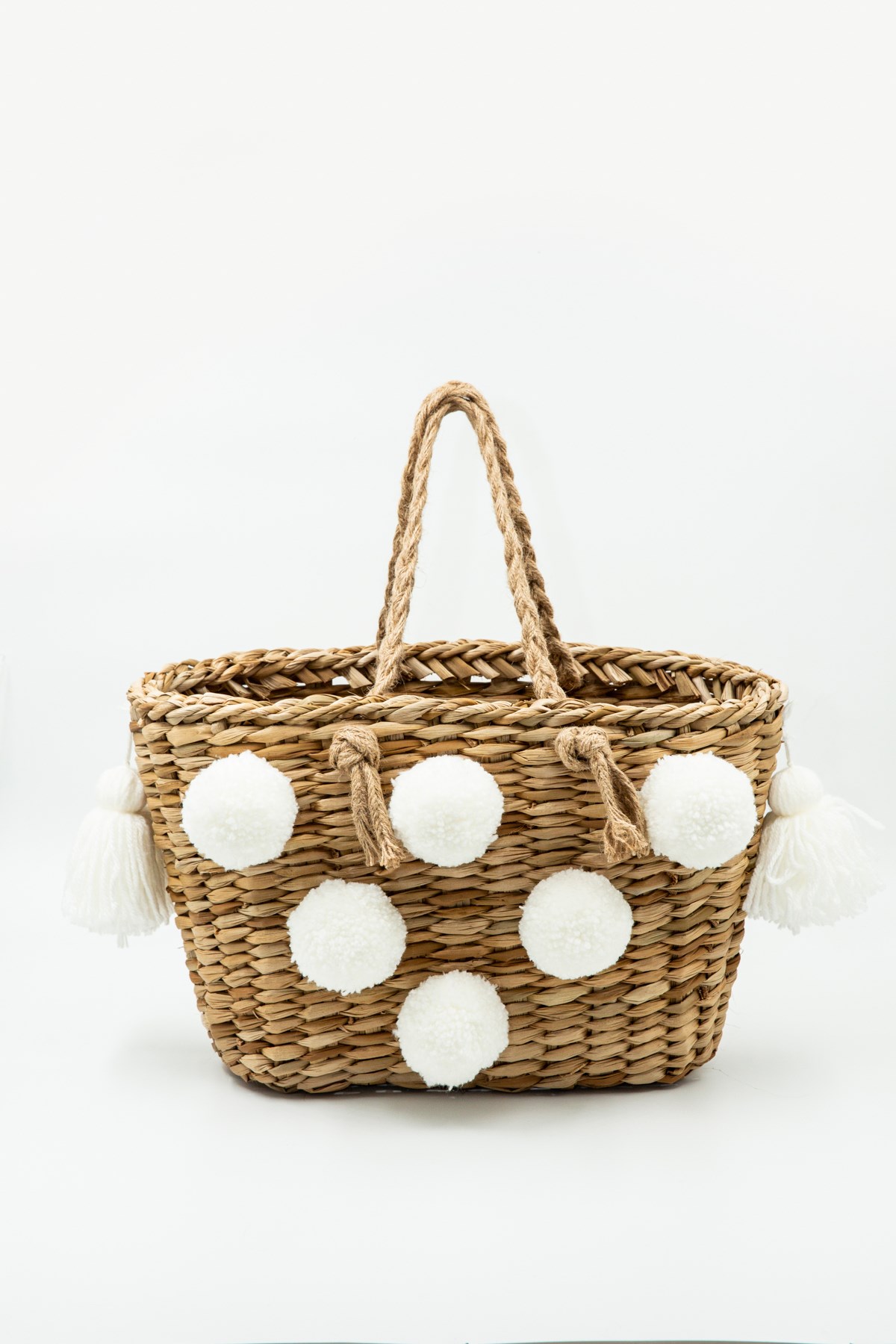 Beyaz Ponponlu ve Jüt Askılı Hasır Kol Çantası