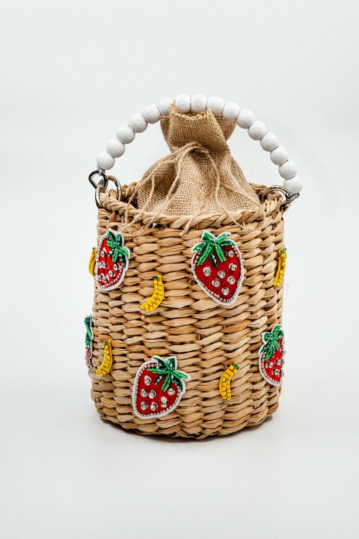 Çilek Detaylı Jüt Keseli Hasır Omuz Çantası