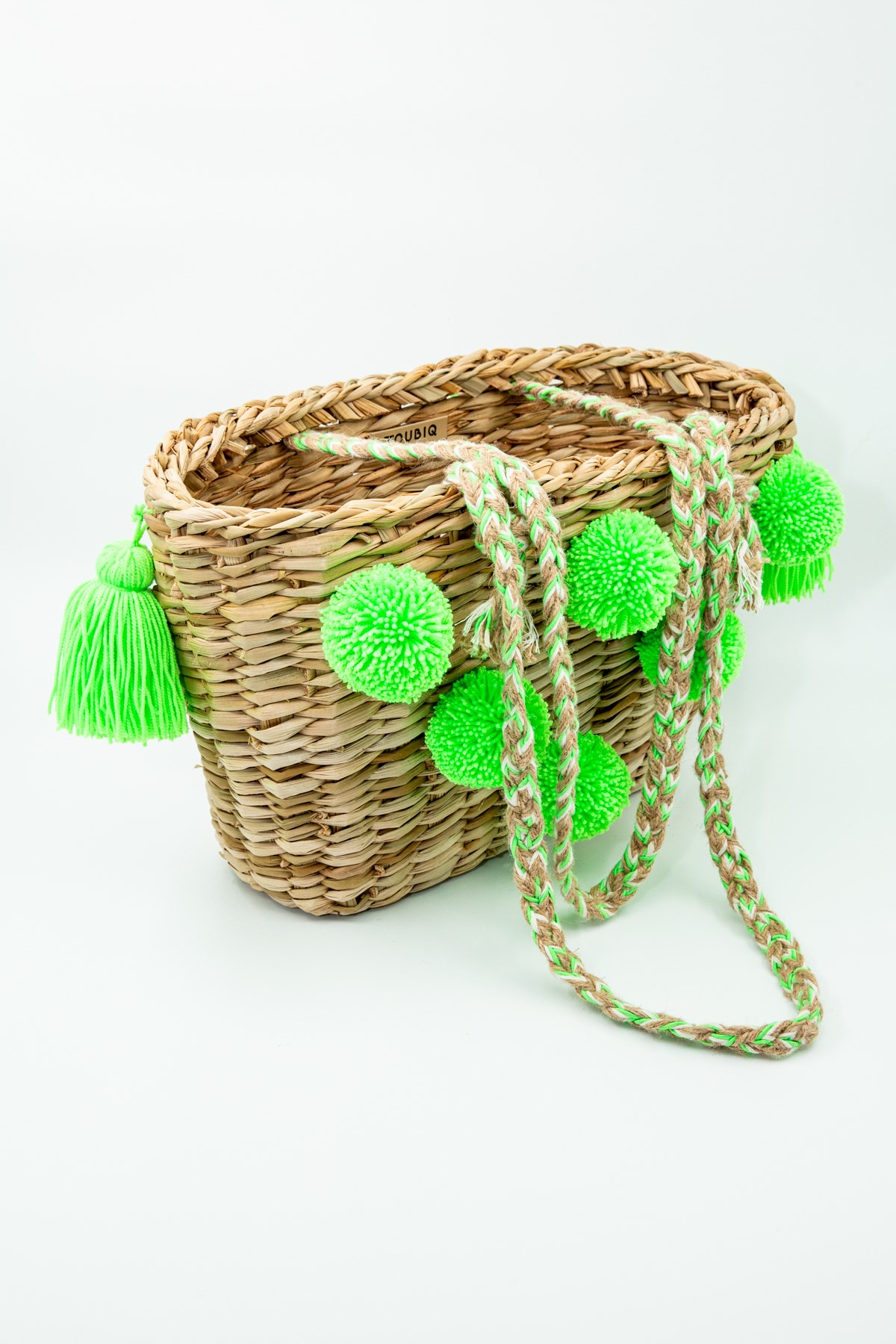 Fosforlu Yeşil Ponponlu ve Jüt Askılı Hasır Omuz Çantası