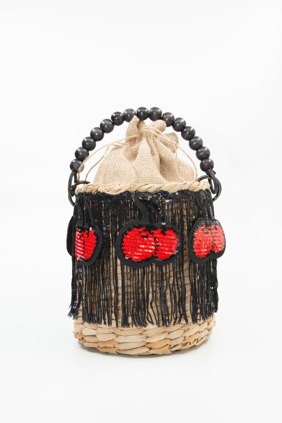 Kiraz Detaylı Püskül Detaylı Jüt Keseli Hasır Omuz Çantası