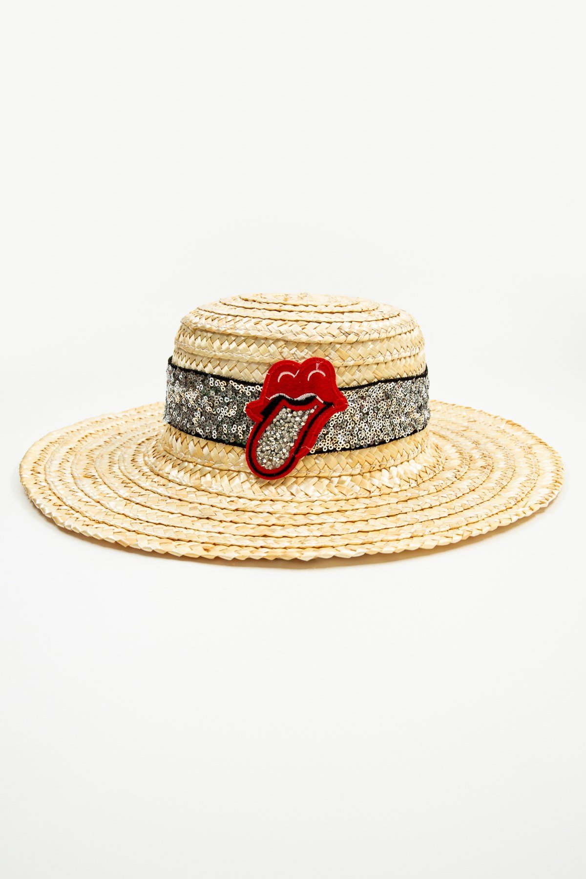 Parıltılı Öpücük Detaylı Hasır Şapka