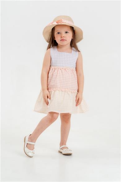6-9 Yaş Kız Çocuk Şapkalı Pötikare Desenli Yaz Elbisesi - Lila