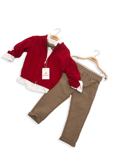 Erkek Çocuk Papyonlu Triko Ceket Gömlek Pantolon Pamuklu 3'lü Takım - Kırmızı