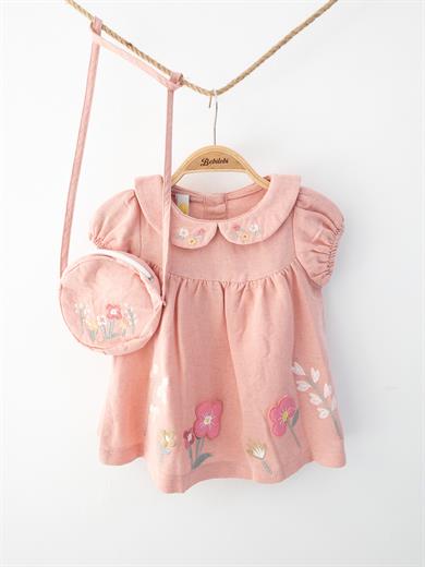 Kız Bebek Pamuklu  Çantal Hediyeli Nakışlı Elbise - Açık Gülkurusu