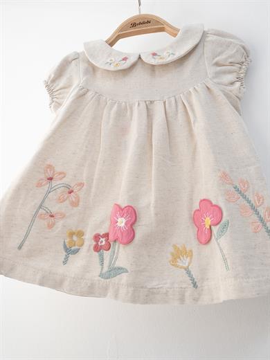 Kız Bebek Pamuklu Çantalı Nakışlı Elbise - Taş