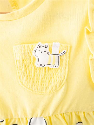 Kız Bebek%100 Pamuk Kedi Figürlü Elbise - Sarı